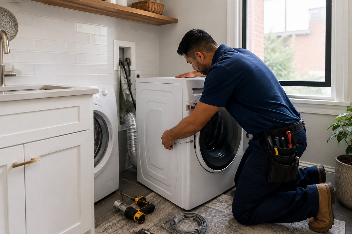 Technician installing an energy-efficient heat pump dryer