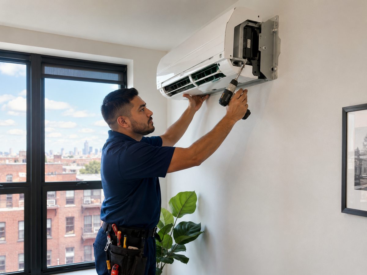 Technician installing a mini-split heat pump indoor unit
