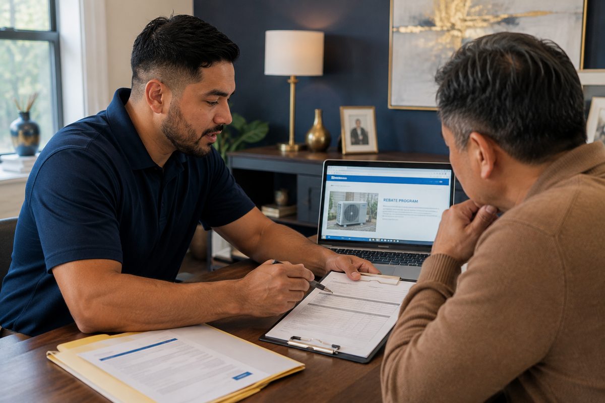 Aura HVAC technician reviewing a rebate application with a homeowner