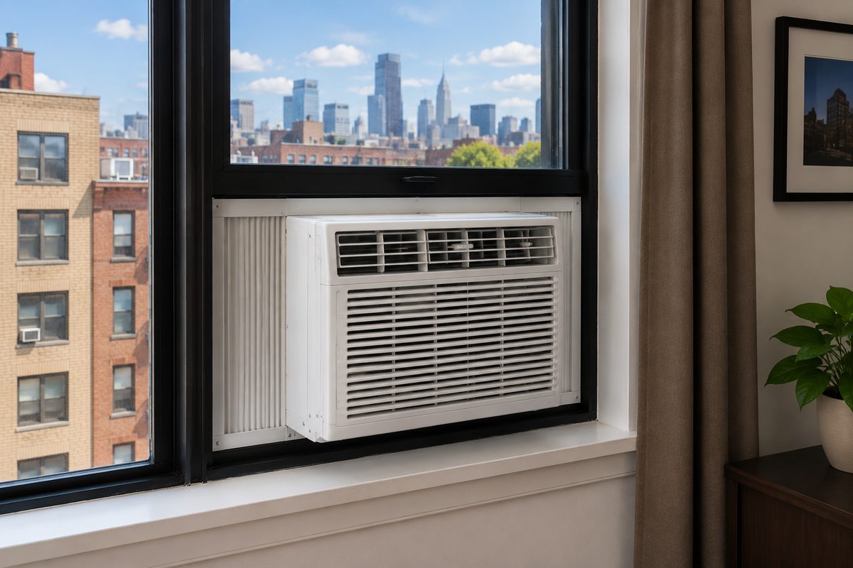 Window air conditioning unit installed in an NYC apartment